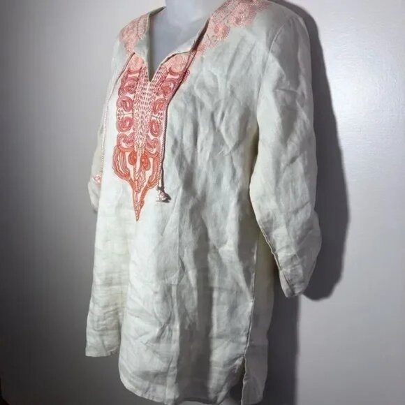 SYMPLE NYC BEIGE W/ORANGE-PEACH EMBROIDERED TUNIC W/ROLL TAB SLEEVES MEDIUM-NICE - Picture 4 of 6